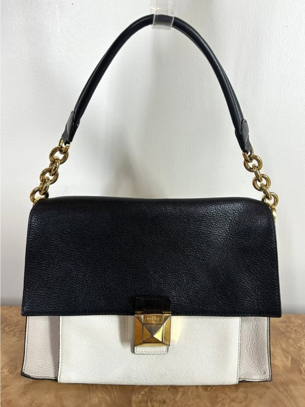 Furla Black Cream Taupe Colorblock Leather Shoulder Bag Gold Chain Made Italy